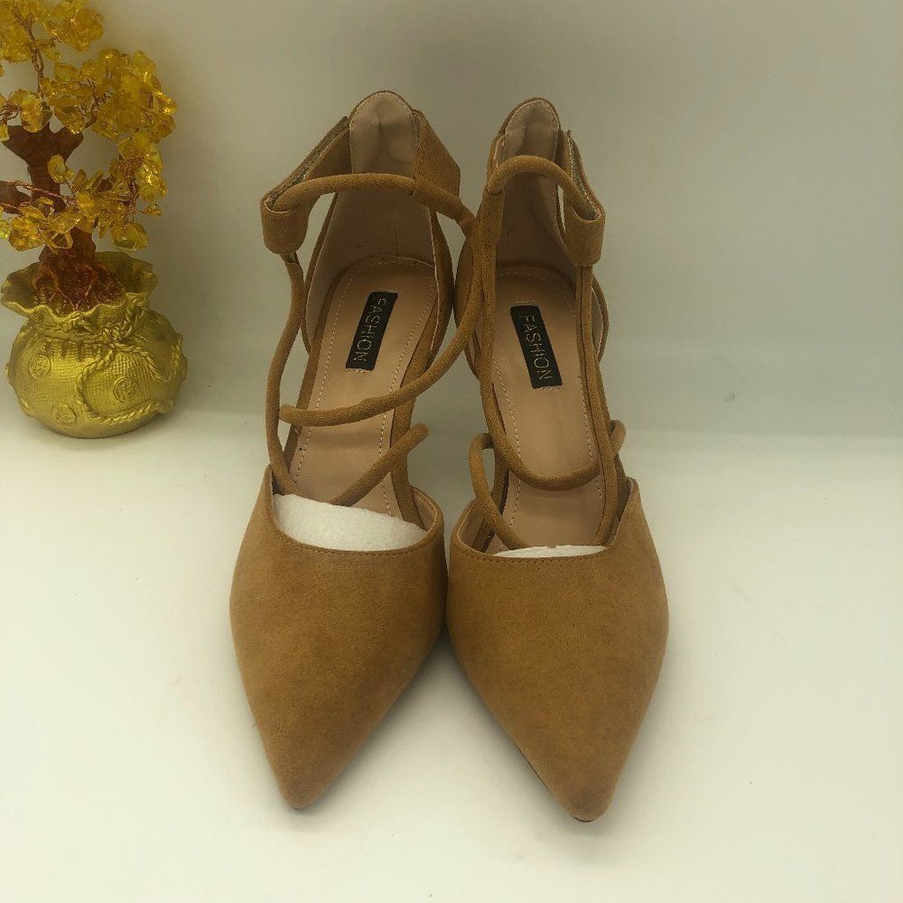 Brown  Pointy Toe Ankle Strappy Pumps Mid Heels Sandals